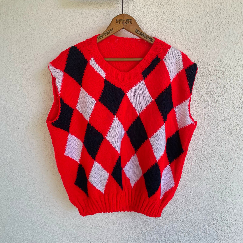 Vintage 70s Bright Red Hand Knit Crop Golf Sweater Vest